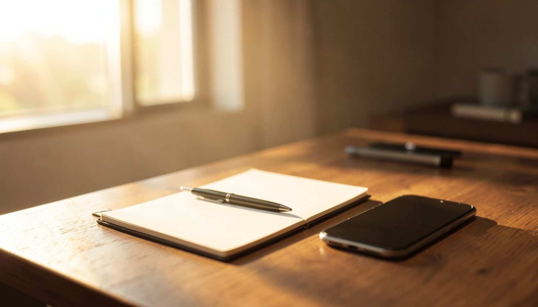A warmly lit modern workspace with a notebook, pen, and a smartphone on a wooden desk, bathed in soft golden-hour sunlight streaming through a nearby window