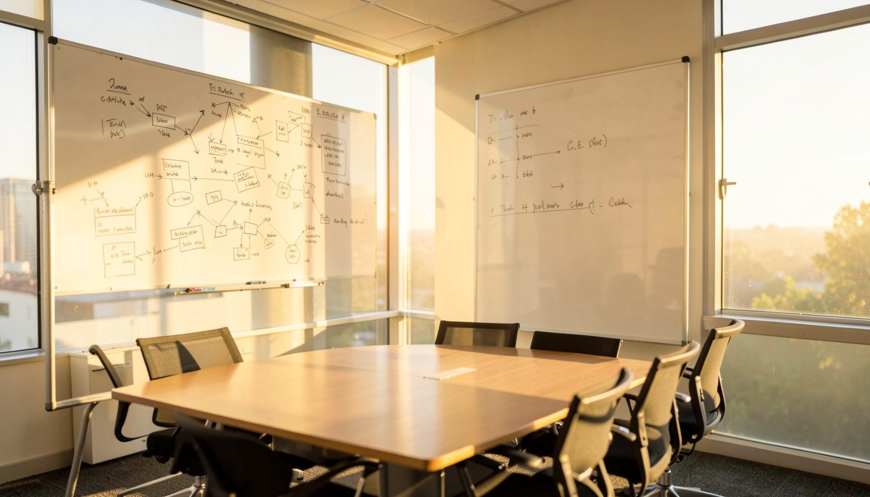 A bright, modern conference room with a whiteboard covered in handwritten diagrams, bathed in warm golden-hour light streaming through large windows.