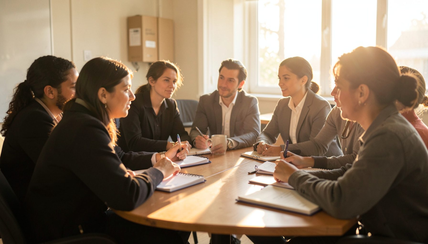 A diverse group of professionals seated around a workshop table, engaged in discussion with notebooks open, illuminated by soft afternoon sunlight.
