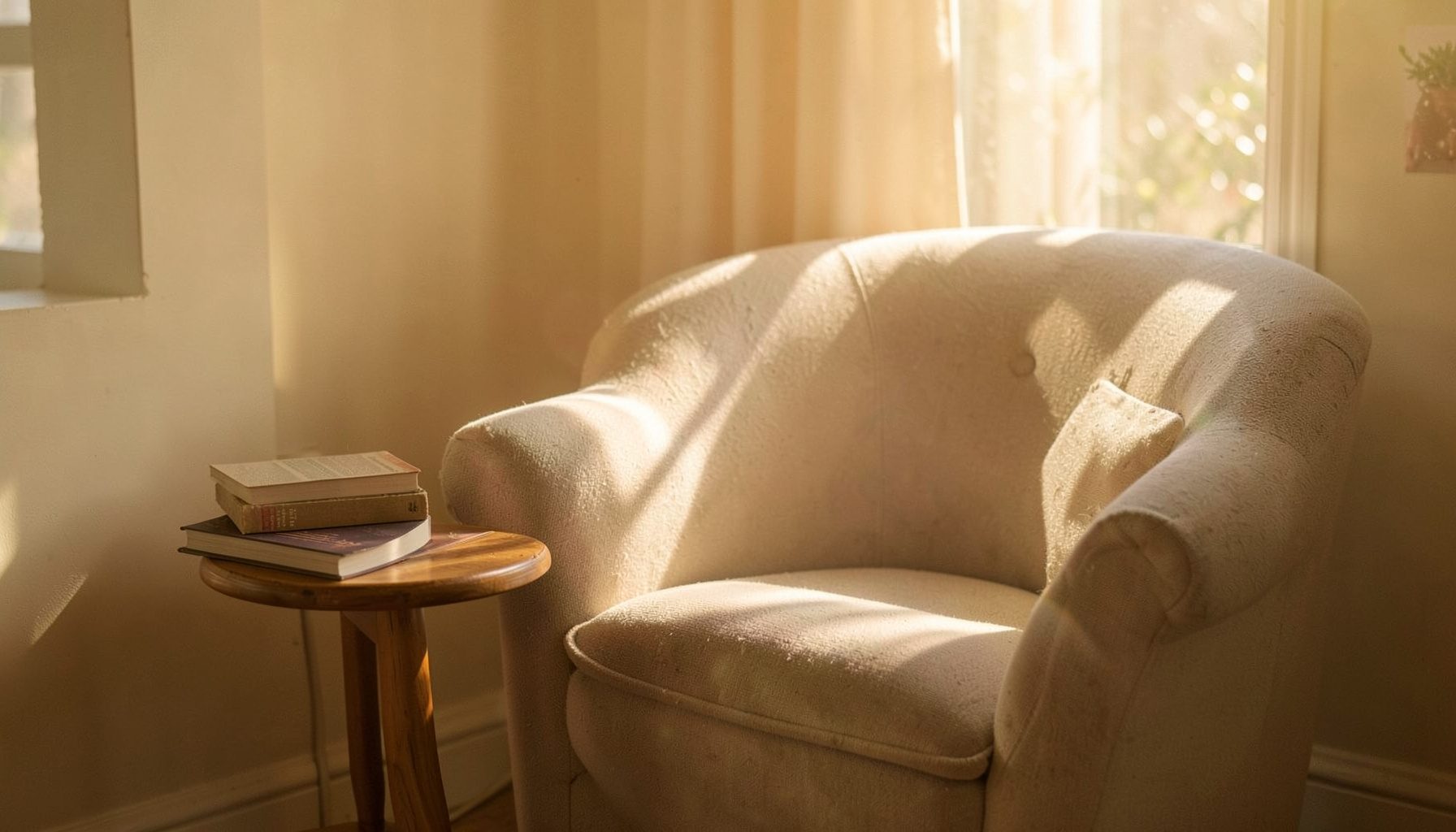 A quiet reading nook with a soft armchair, a stack of books on a side table, and warm sunlight filtering through a window, in cream and honey tones.