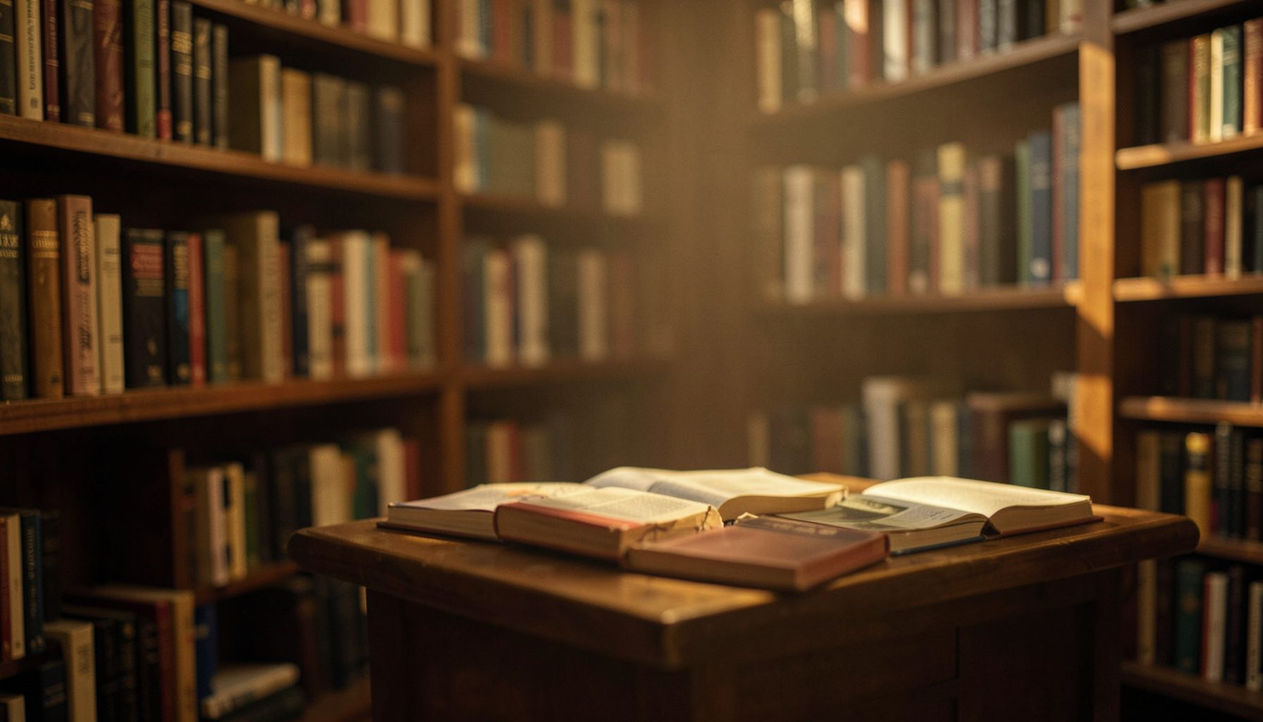 A quiet library corner with shelves of books in soft focus, warm amber light falling across a reading table, evoking study and deep reflection.