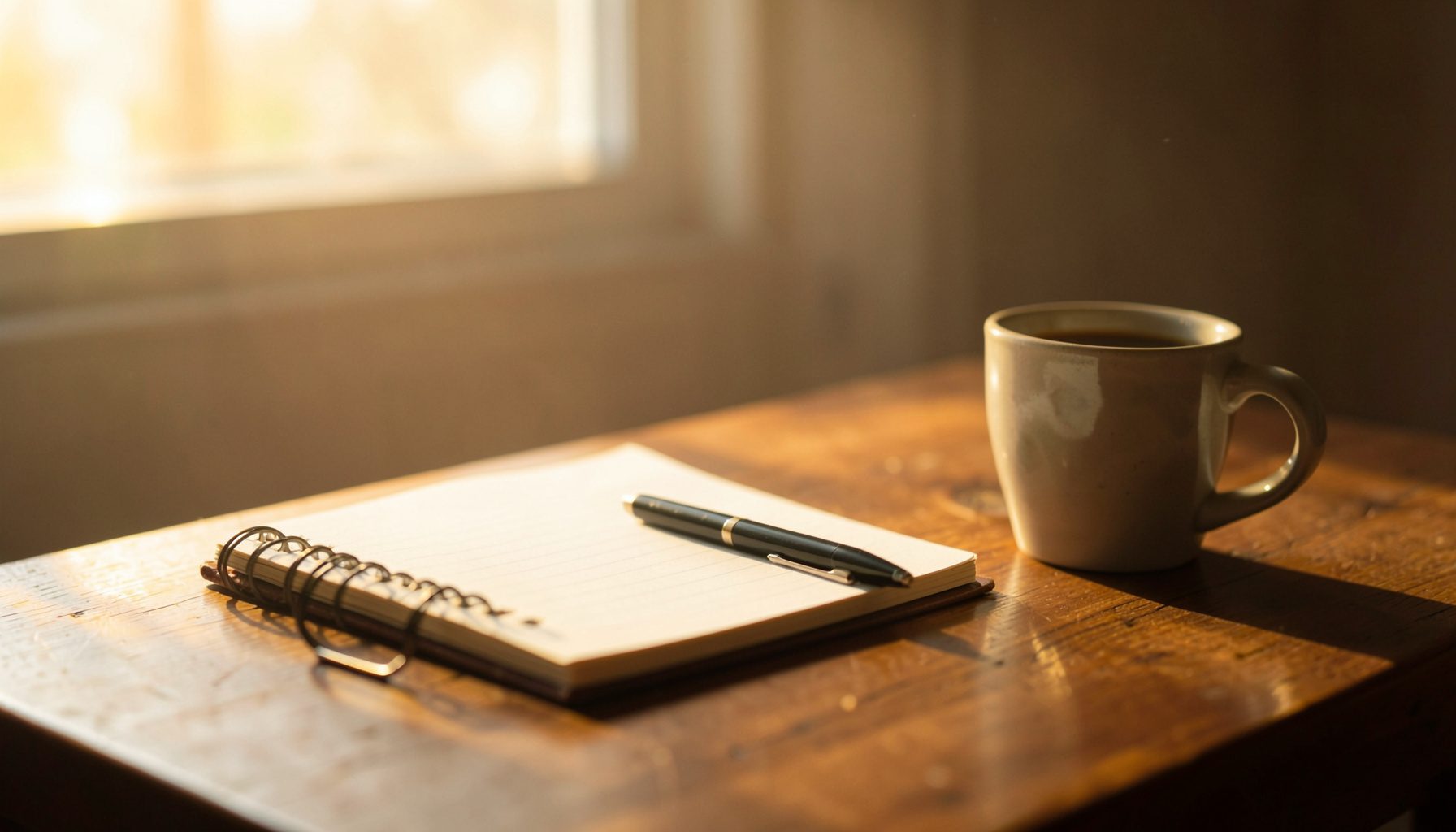 A notebook and pen resting on a wooden desk beside a coffee cup, with soft morning light streaming through a nearby window, creating a calm and thoughtful atmosphere.