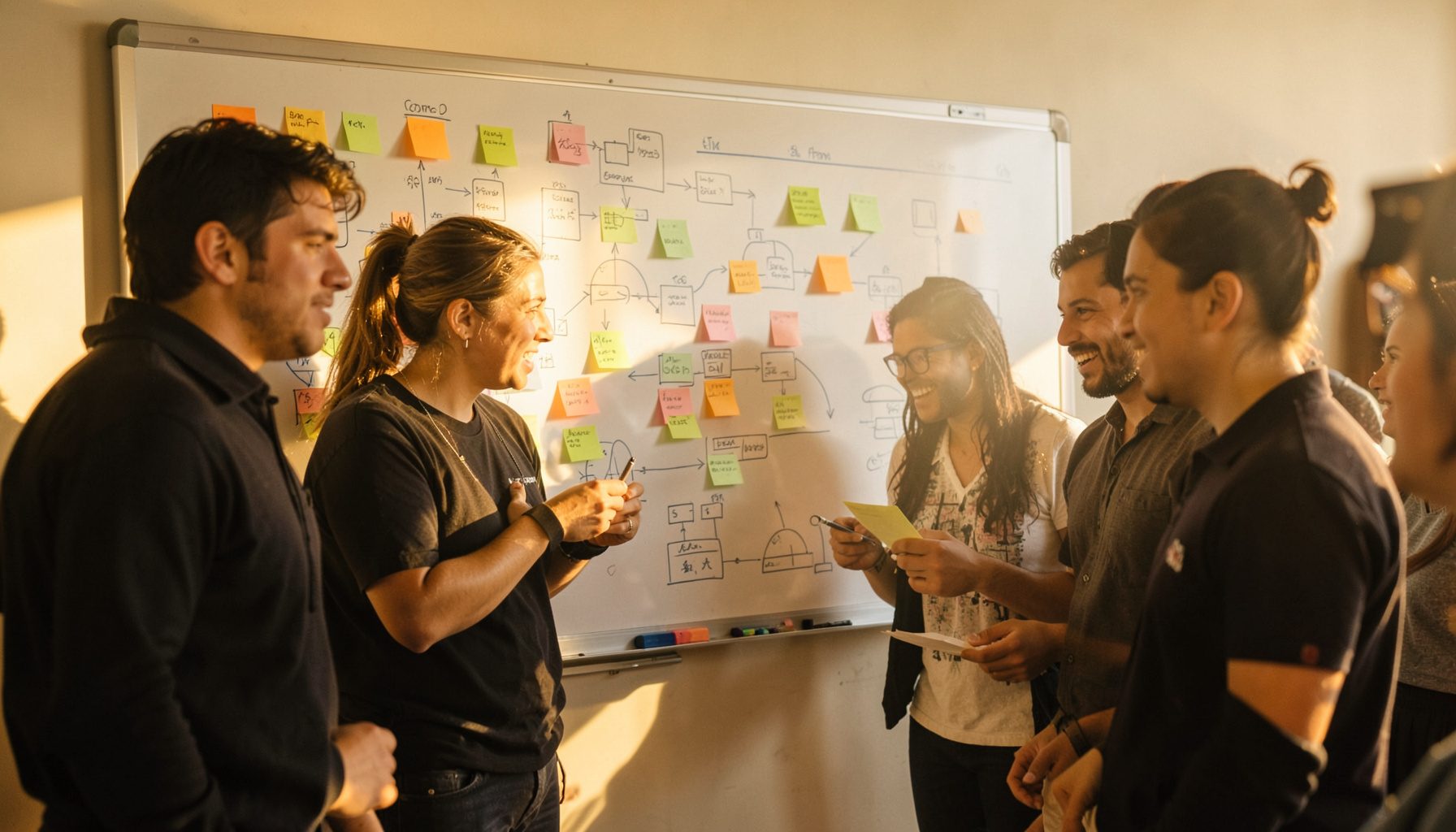 A diverse team gathered around a whiteboard covered in sticky notes and service-blueprint sketches, bathed in warm afternoon light