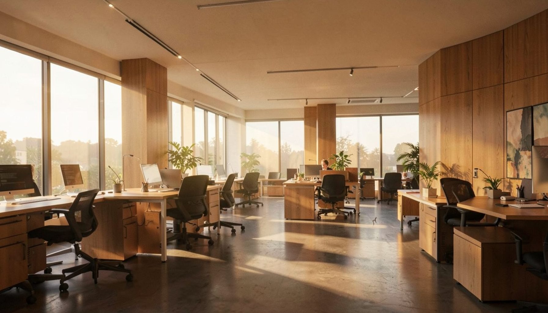 A softly lit modern office interior with warm wood tones, open collaborative spaces, and gentle natural light streaming through large windows