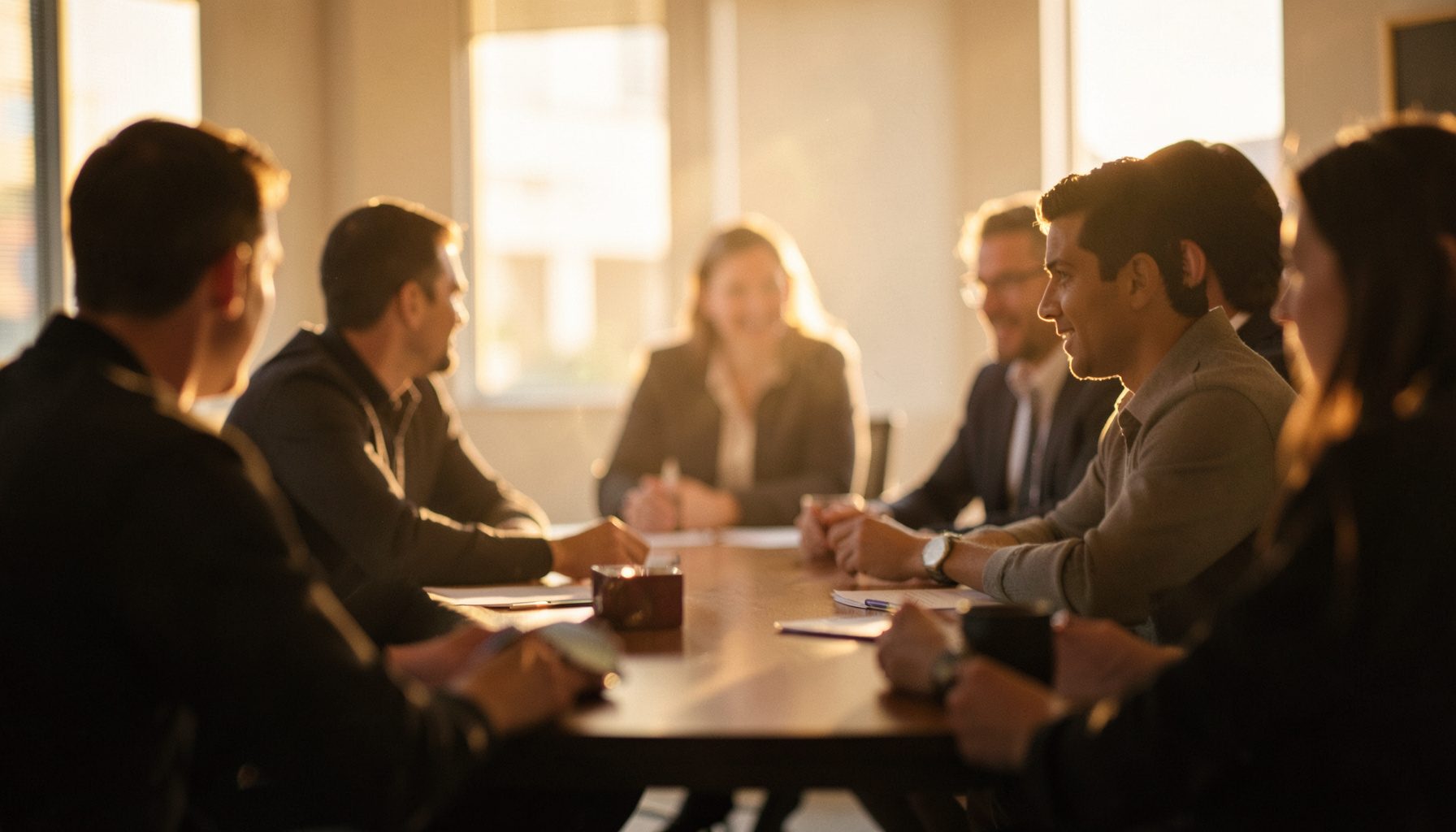 A warm, softly lit office interior at golden hour, with blurred figures gathered around a table in quiet conversation, conveying calm collaboration