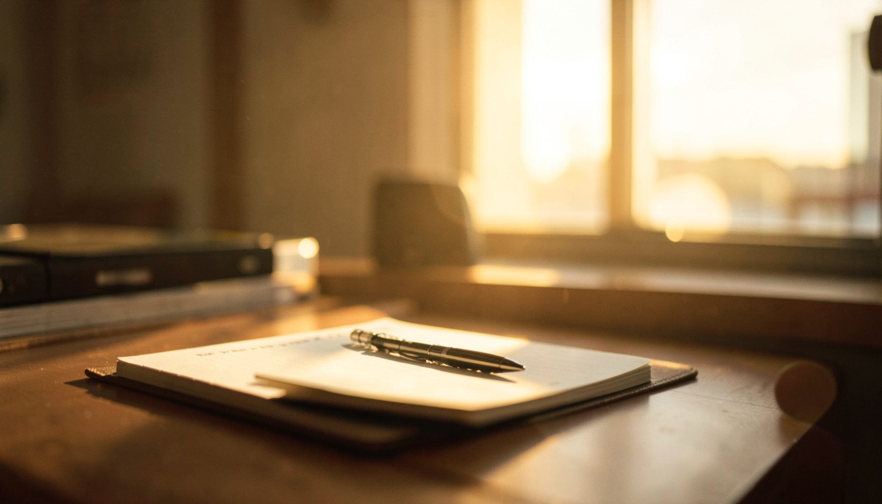A softly lit office workspace with a notebook and pen, warm sunlight streaming through a window, golden-hour atmosphere