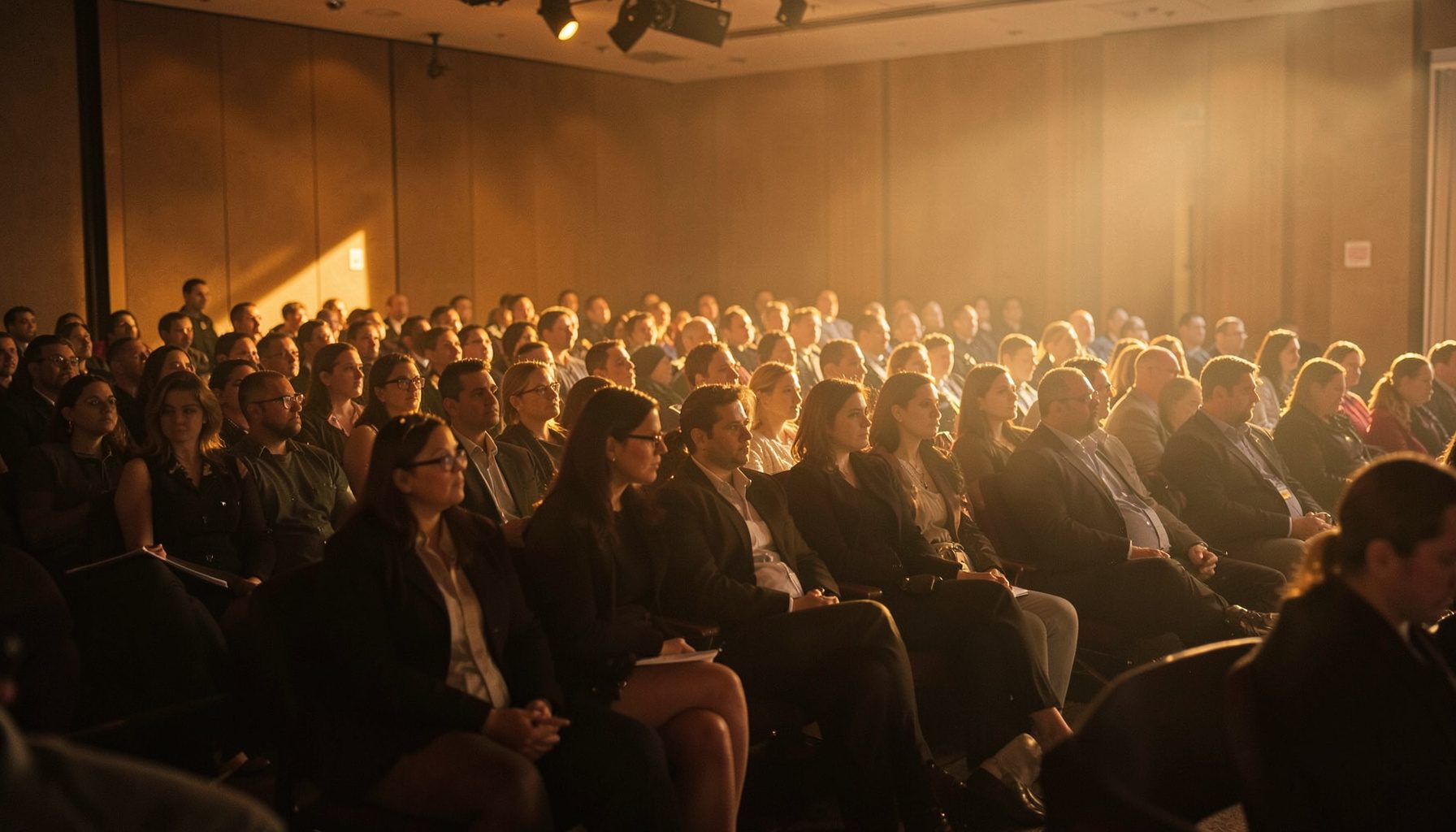 A conference audience seated in rows, warm stage lighting casting golden hues across the room, attentive atmosphere