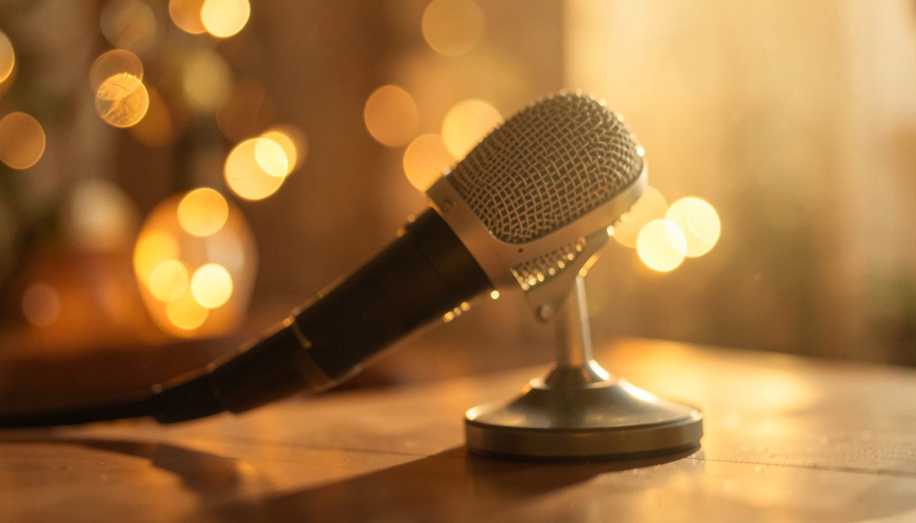 A close-up of a microphone on a desk with soft bokeh lights in warm amber and gold tones behind it