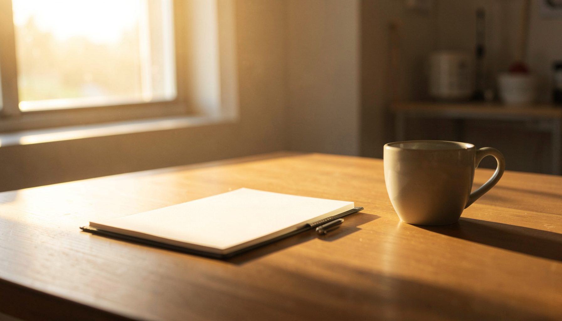 A warm golden-hour photograph of a clean, modern workshop table with a notebook, pen, and a cup of coffee, soft sunlight streaming through a nearby window, evoking focus and thoughtful design work.