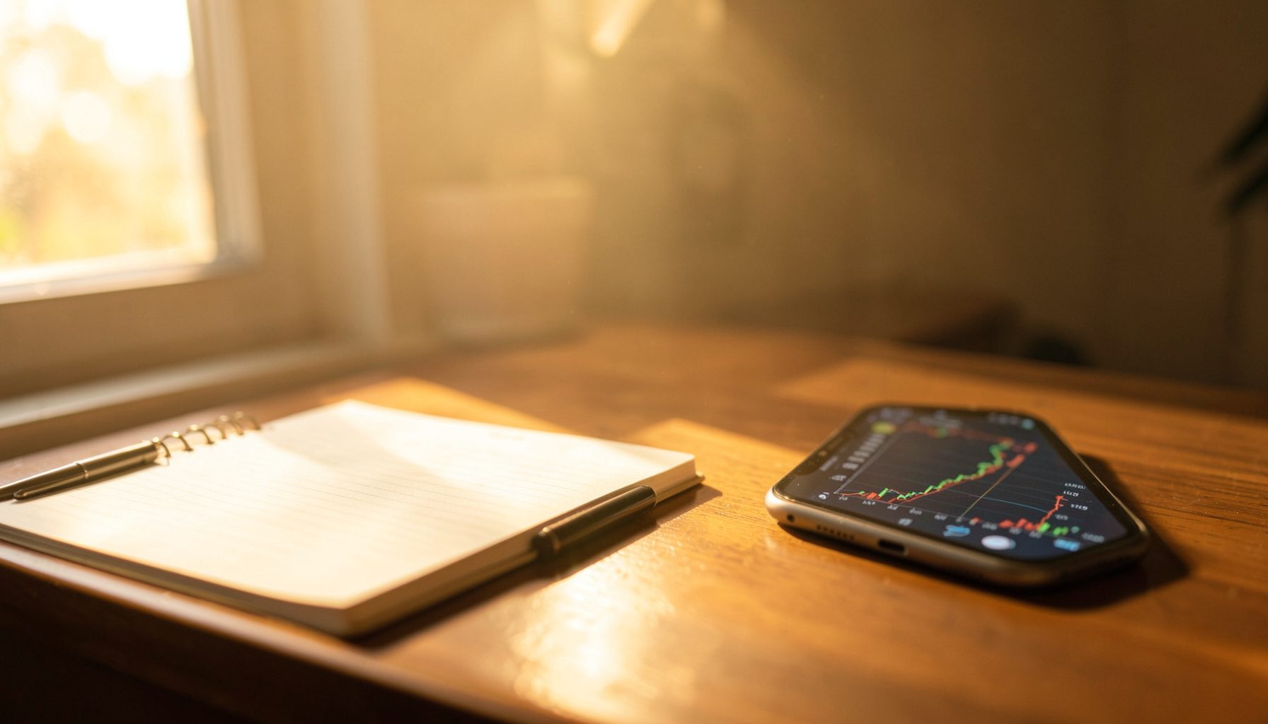 A warm-lit desk scene with a notebook, pen, and a smartphone displaying financial charts, bathed in soft golden-hour sunlight through a nearby window
